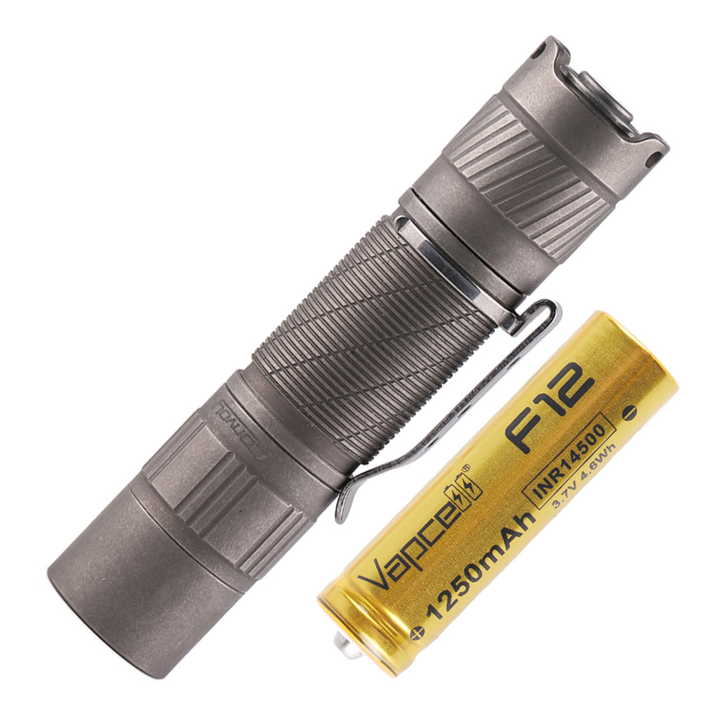 Convoy T3 titanium stonewash AA 14500 flashlight with Vapcell F12 1250mAh 14500 battery